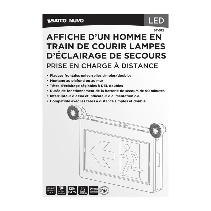 Exit Sign Satco 67-512 Running Man Green Combo Exit Sign/Emergency Light - 120/347V - 90min backup - Single/Dual Face - Universal Mounting - Thermoplastic - Remote-Capable - White Finish Satco