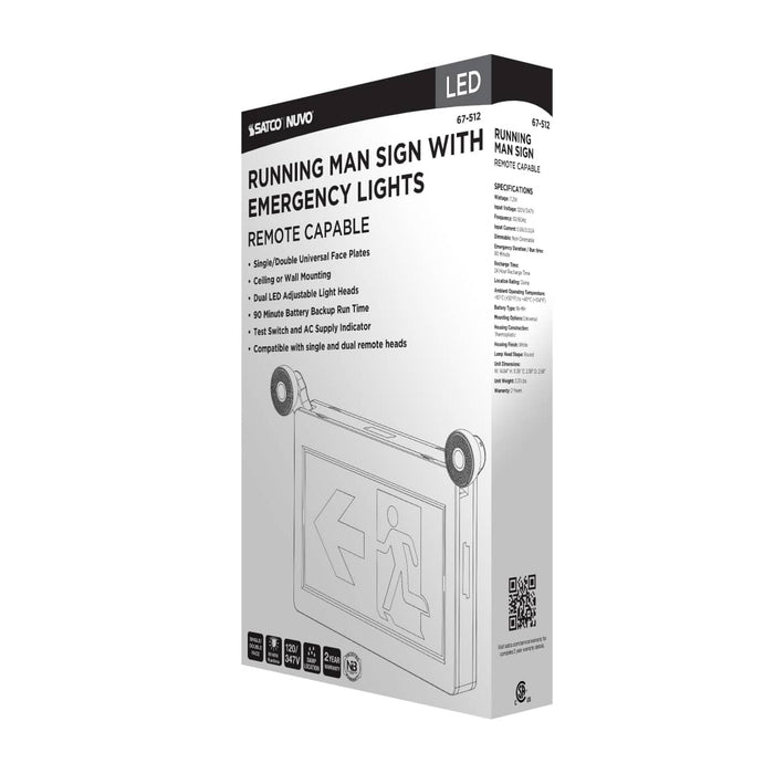 Exit Sign Satco 67-512 Running Man Green Combo Exit Sign/Emergency Light - 120/347V - 90min backup - Single/Dual Face - Universal Mounting - Thermoplastic - Remote-Capable - White Finish Satco