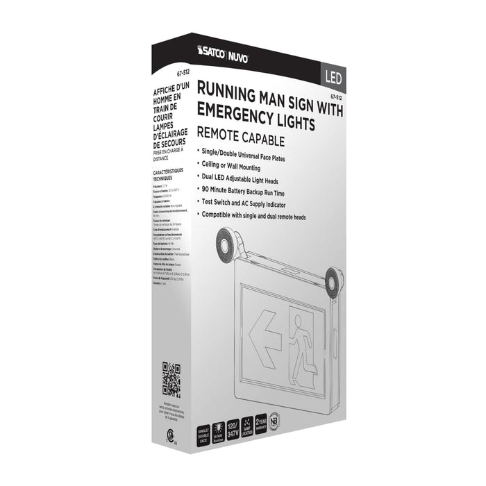 Exit Sign Satco 67-512 Running Man Green Combo Exit Sign/Emergency Light - 120/347V - 90min backup - Single/Dual Face - Universal Mounting - Thermoplastic - Remote-Capable - White Finish Satco