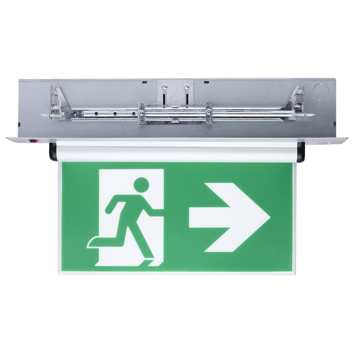 Exit Sign Satco 67-530 Running Man Green Edge Lit Exit Sign - 120-347V - 2HR backup - Single/Dual Face - Universal Surface or Recessed Mounting - Pivoting Panel - Brushed Aluminum Finish Satco