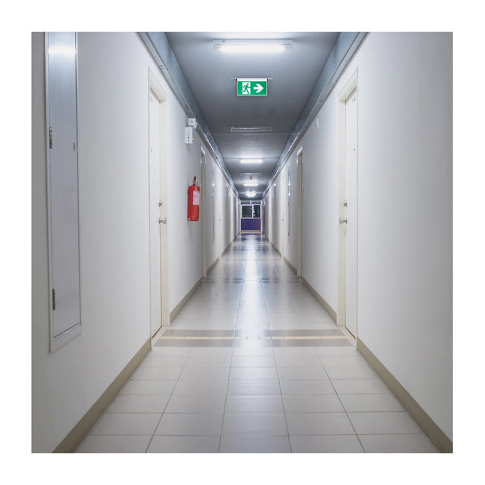 Exit Sign Satco 67-530 Running Man Green Edge Lit Exit Sign - 120-347V - 2HR backup - Single/Dual Face - Universal Surface or Recessed Mounting - Pivoting Panel - Brushed Aluminum Finish Satco