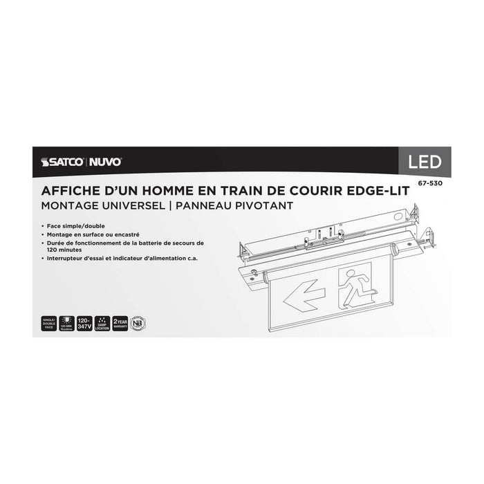 Exit Sign Satco 67-530 Running Man Green Edge Lit Exit Sign - 120-347V - 2HR backup - Single/Dual Face - Universal Surface or Recessed Mounting - Pivoting Panel - Brushed Aluminum Finish Satco