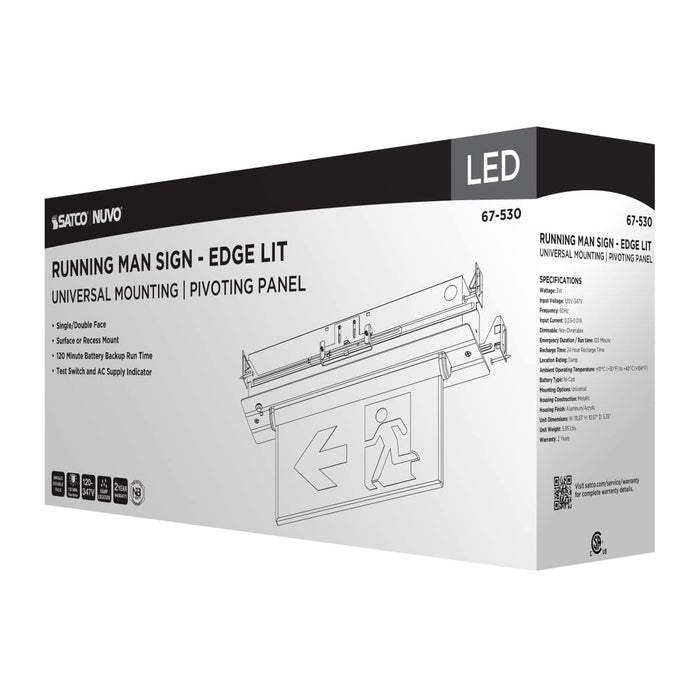 Exit Sign Satco 67-530 Running Man Green Edge Lit Exit Sign - 120-347V - 2HR backup - Single/Dual Face - Universal Surface or Recessed Mounting - Pivoting Panel - Brushed Aluminum Finish Satco