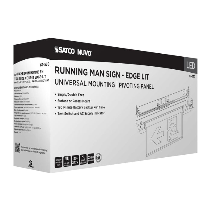 Exit Sign Satco 67-530 Running Man Green Edge Lit Exit Sign - 120-347V - 2HR backup - Single/Dual Face - Universal Surface or Recessed Mounting - Pivoting Panel - Brushed Aluminum Finish Satco