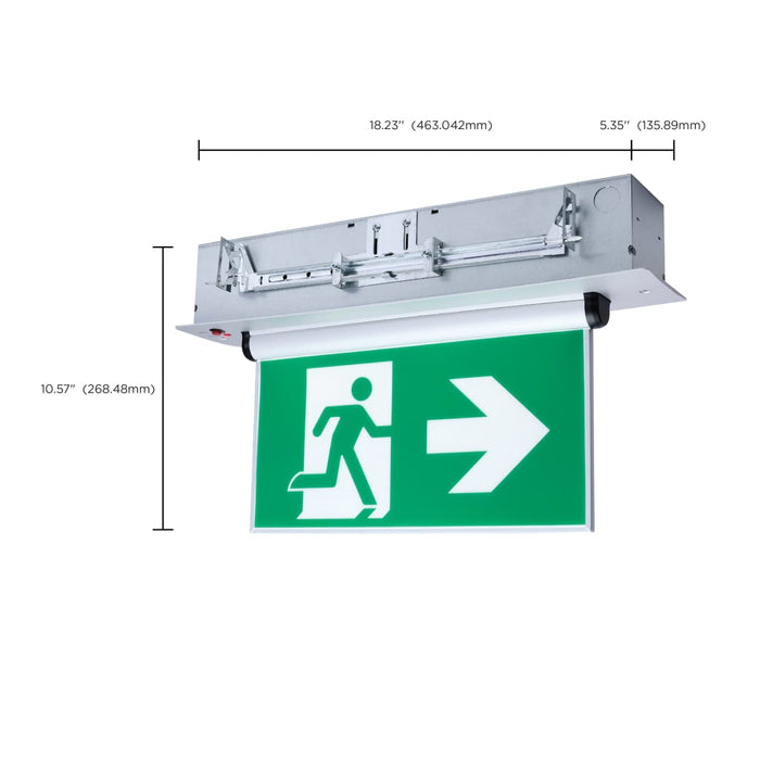 Exit Sign Satco 67-530 Running Man Green Edge Lit Exit Sign - 120-347V - 2HR backup - Single/Dual Face - Universal Surface or Recessed Mounting - Pivoting Panel - Brushed Aluminum Finish Satco