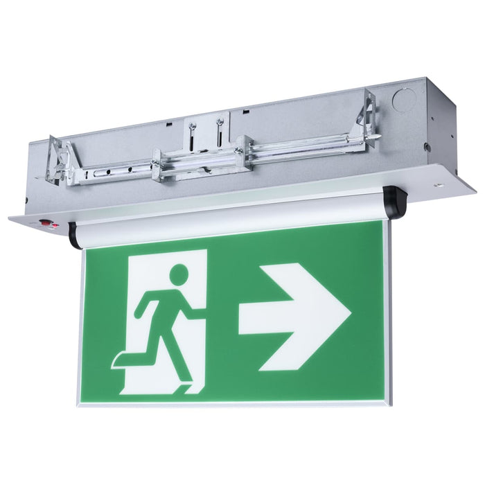 Exit Sign Satco 67-530 Running Man Green Edge Lit Exit Sign - 120-347V - 2HR backup - Single/Dual Face - Universal Surface or Recessed Mounting - Pivoting Panel - Brushed Aluminum Finish Satco