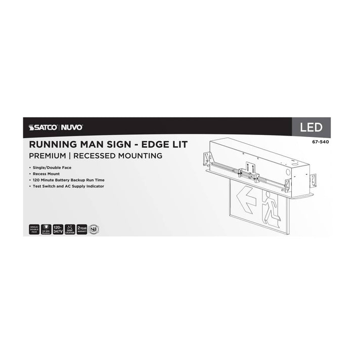 Exit Sign Satco 67-540 Running Man Green Edge Lit Exit Sign - 120-347V - 2HR backup - Single/Dual Face - Premium Flush Recessed Mounting - Brushed Aluminum Finish Satco