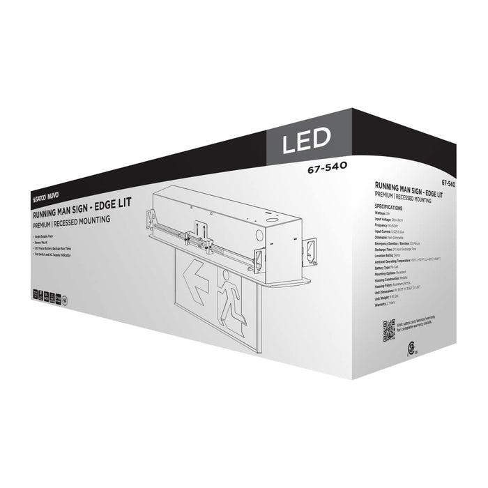 Exit Sign Satco 67-540 Running Man Green Edge Lit Exit Sign - 120-347V - 2HR backup - Single/Dual Face - Premium Flush Recessed Mounting - Brushed Aluminum Finish Satco