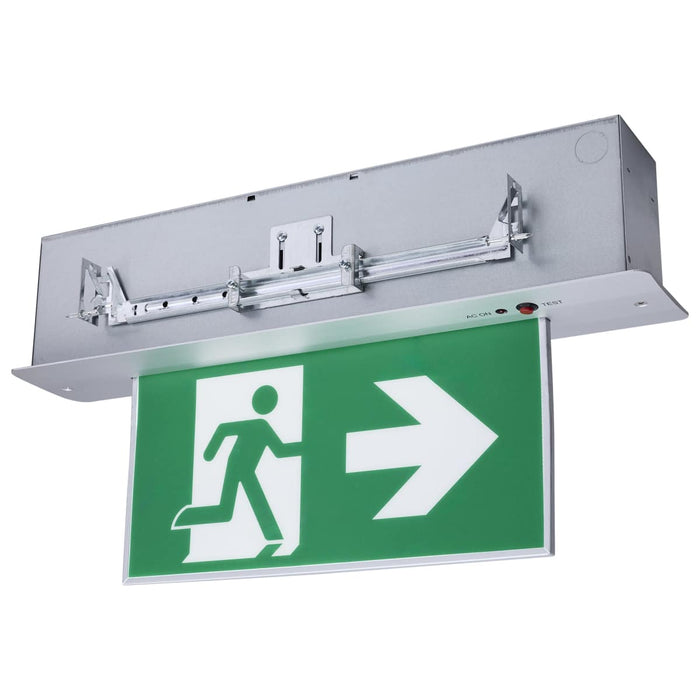 Exit Sign Satco 67-540 Running Man Green Edge Lit Exit Sign - 120-347V - 2HR backup - Single/Dual Face - Premium Flush Recessed Mounting - Brushed Aluminum Finish Satco