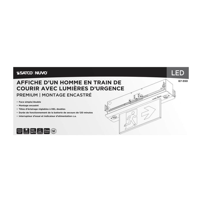 Exit Sign Satco 67-550 Running Man Green Combo Edge Lit Exit Sign/Emergency Light - 120-347V - 2HR backup - Single/Dual Face - Premium Flush Recessed Mounting - Brushed Aluminum Finish Satco
