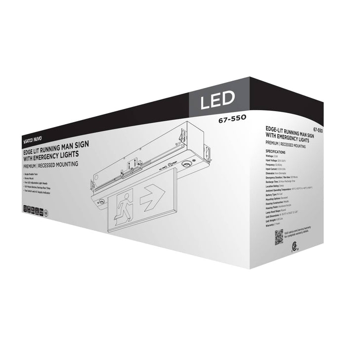 Exit Sign Satco 67-550 Running Man Green Combo Edge Lit Exit Sign/Emergency Light - 120-347V - 2HR backup - Single/Dual Face - Premium Flush Recessed Mounting - Brushed Aluminum Finish Satco