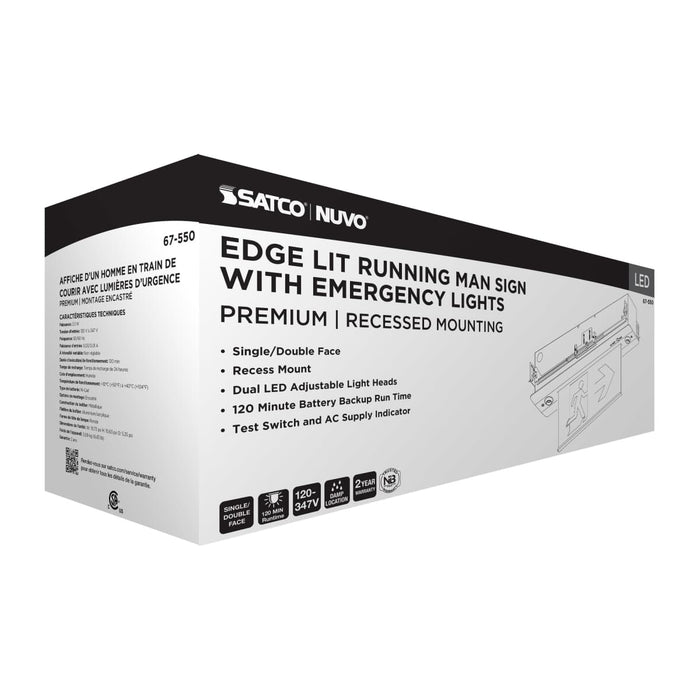 Exit Sign Satco 67-550 Running Man Green Combo Edge Lit Exit Sign/Emergency Light - 120-347V - 2HR backup - Single/Dual Face - Premium Flush Recessed Mounting - Brushed Aluminum Finish Satco