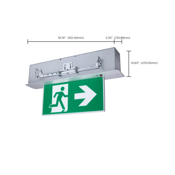 Exit Sign Satco 67-550 Running Man Green Combo Edge Lit Exit Sign/Emergency Light - 120-347V - 2HR backup - Single/Dual Face - Premium Flush Recessed Mounting - Brushed Aluminum Finish Satco