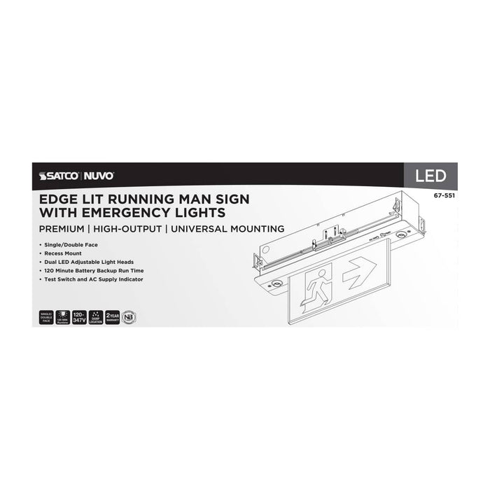 Exit Sign Satco 67-551 Running Man Green Combo Edge Lit Exit Sign/Emergency Light - 120-347V - 2HR backup - Single/Dual Face - Premium Flush Recessed Mounting - High Output lamps - Brushed Aluminum Finish Satco