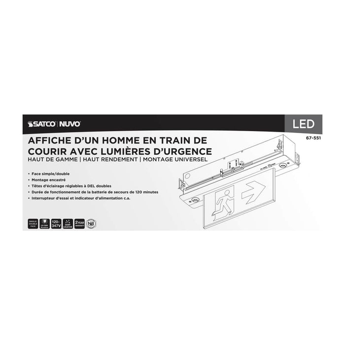Exit Sign Satco 67-551 Running Man Green Combo Edge Lit Exit Sign/Emergency Light - 120-347V - 2HR backup - Single/Dual Face - Premium Flush Recessed Mounting - High Output lamps - Brushed Aluminum Finish Satco