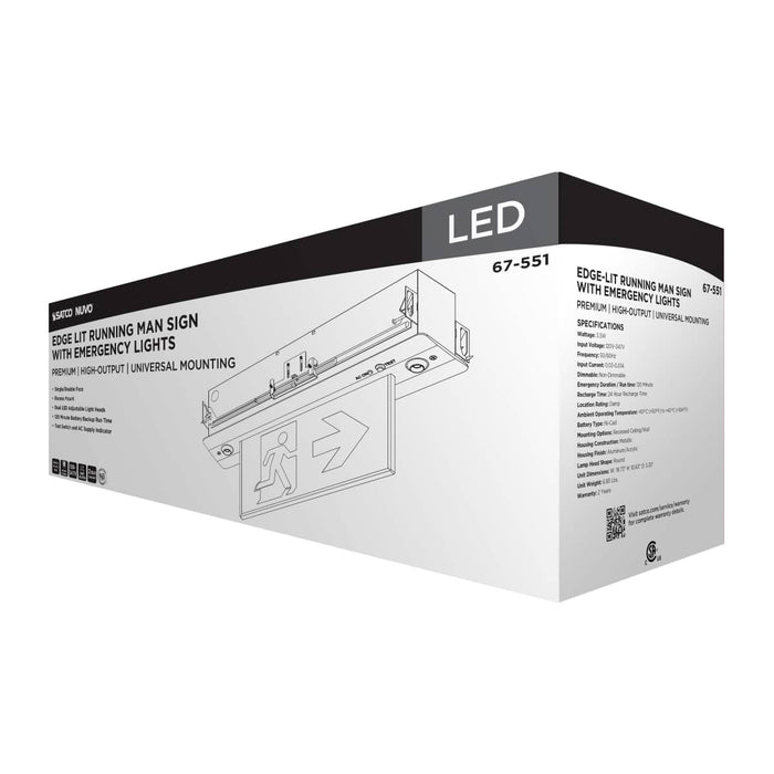 Exit Sign Satco 67-551 Running Man Green Combo Edge Lit Exit Sign/Emergency Light - 120-347V - 2HR backup - Single/Dual Face - Premium Flush Recessed Mounting - High Output lamps - Brushed Aluminum Finish Satco