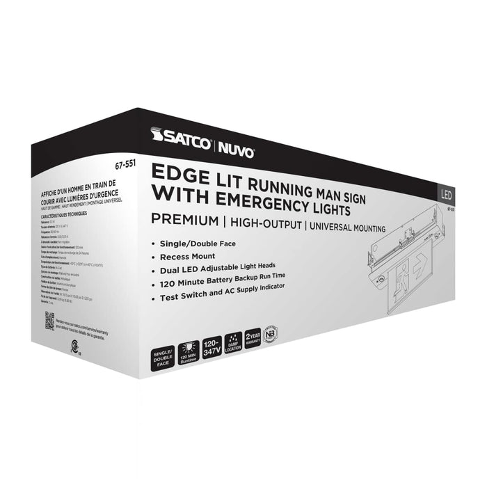 Exit Sign Satco 67-551 Running Man Green Combo Edge Lit Exit Sign/Emergency Light - 120-347V - 2HR backup - Single/Dual Face - Premium Flush Recessed Mounting - High Output lamps - Brushed Aluminum Finish Satco