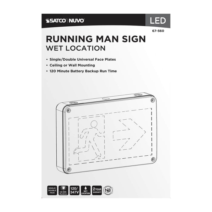 Exit Sign Satco 67-560 Running Man Green Exit Sign - 120/347V - 2HR backup - Single/Dual Face - Universal Mounting - Wet Location - White Finish Satco