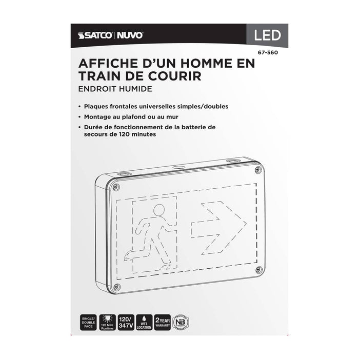 Exit Sign Satco 67-560 Running Man Green Exit Sign - 120/347V - 2HR backup - Single/Dual Face - Universal Mounting - Wet Location - White Finish Satco