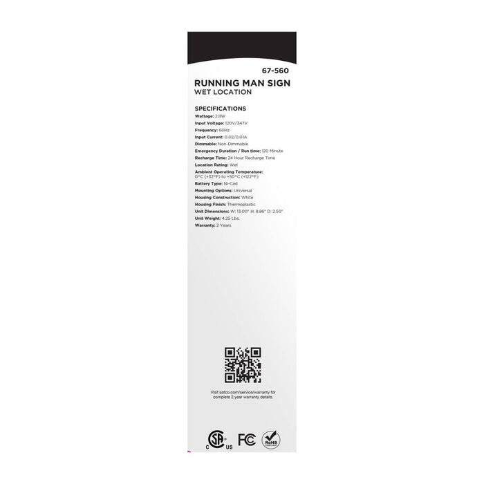 Exit Sign Satco 67-560 Running Man Green Exit Sign - 120/347V - 2HR backup - Single/Dual Face - Universal Mounting - Wet Location - White Finish Satco