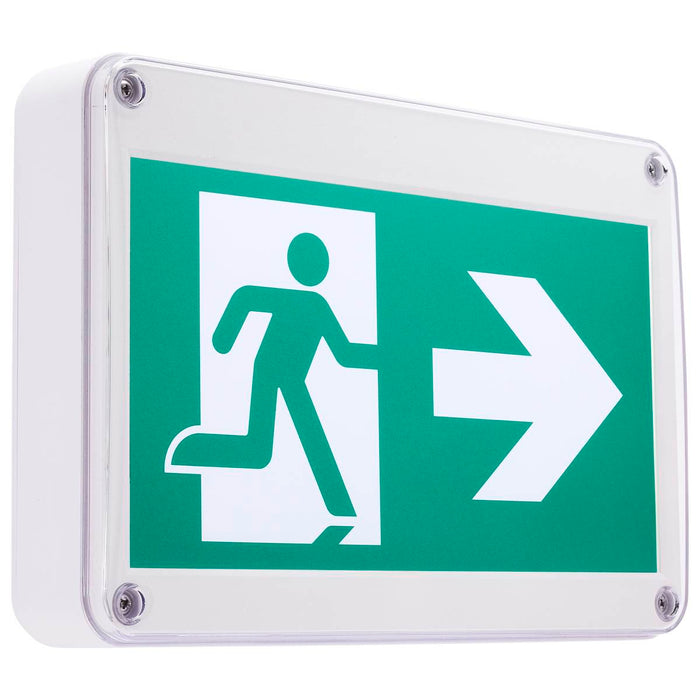Exit Sign Satco 67-560 Running Man Green Exit Sign - 120/347V - 2HR backup - Single/Dual Face - Universal Mounting - Wet Location - White Finish Satco