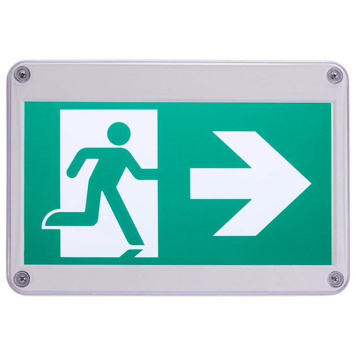 Exit Sign Satco 67-561 Running Man Green Exit Sign - 120/347V - 2HR backup - Single/Dual Face - Universal Mounting - Wet Location - Low Temperature - White Finish Satco
