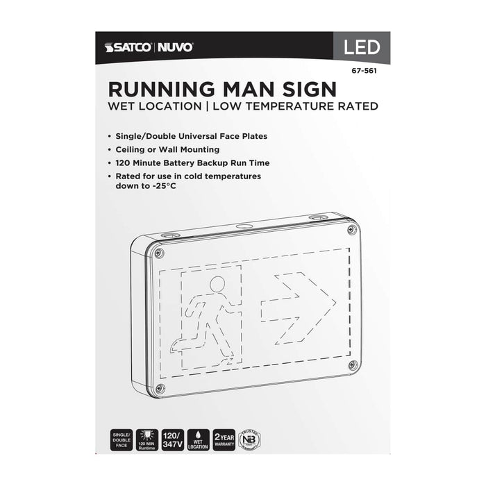Exit Sign Satco 67-561 Running Man Green Exit Sign - 120/347V - 2HR backup - Single/Dual Face - Universal Mounting - Wet Location - Low Temperature - White Finish Satco