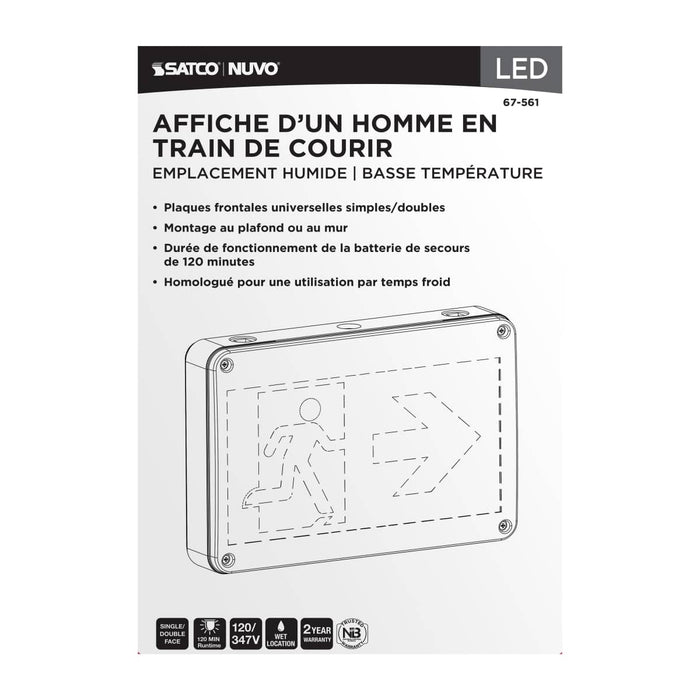 Exit Sign Satco 67-561 Running Man Green Exit Sign - 120/347V - 2HR backup - Single/Dual Face - Universal Mounting - Wet Location - Low Temperature - White Finish Satco