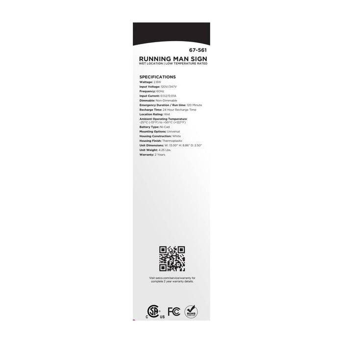 Exit Sign Satco 67-561 Running Man Green Exit Sign - 120/347V - 2HR backup - Single/Dual Face - Universal Mounting - Wet Location - Low Temperature - White Finish Satco