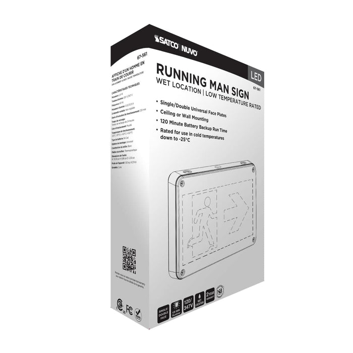 Exit Sign Satco 67-561 Running Man Green Exit Sign - 120/347V - 2HR backup - Single/Dual Face - Universal Mounting - Wet Location - Low Temperature - White Finish Satco