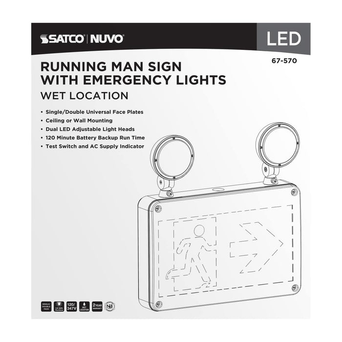 Exit Sign Satco 67-570 Running Man Green Combo Exit Sign/Emergency Light - 120/347V - 2HR backup - Single/Dual Face - Universal Mounting - Wet Location - White Finish Satco