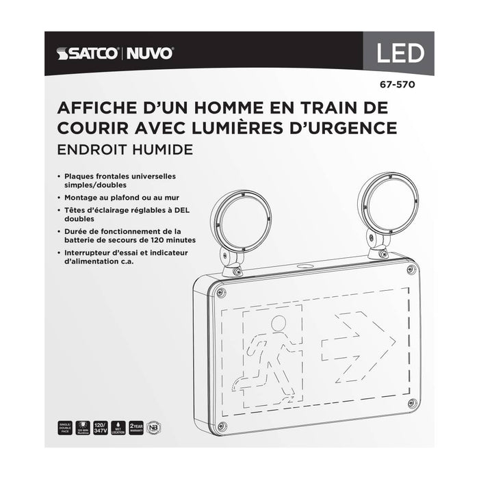 Exit Sign Satco 67-570 Running Man Green Combo Exit Sign/Emergency Light - 120/347V - 2HR backup - Single/Dual Face - Universal Mounting - Wet Location - White Finish Satco