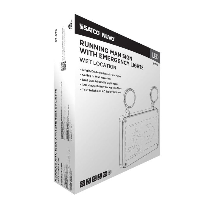Exit Sign Satco 67-570 Running Man Green Combo Exit Sign/Emergency Light - 120/347V - 2HR backup - Single/Dual Face - Universal Mounting - Wet Location - White Finish Satco