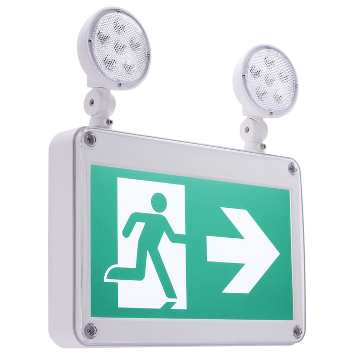 Exit Sign Satco 67-570 Running Man Green Combo Exit Sign/Emergency Light - 120/347V - 2HR backup - Single/Dual Face - Universal Mounting - Wet Location - White Finish Satco