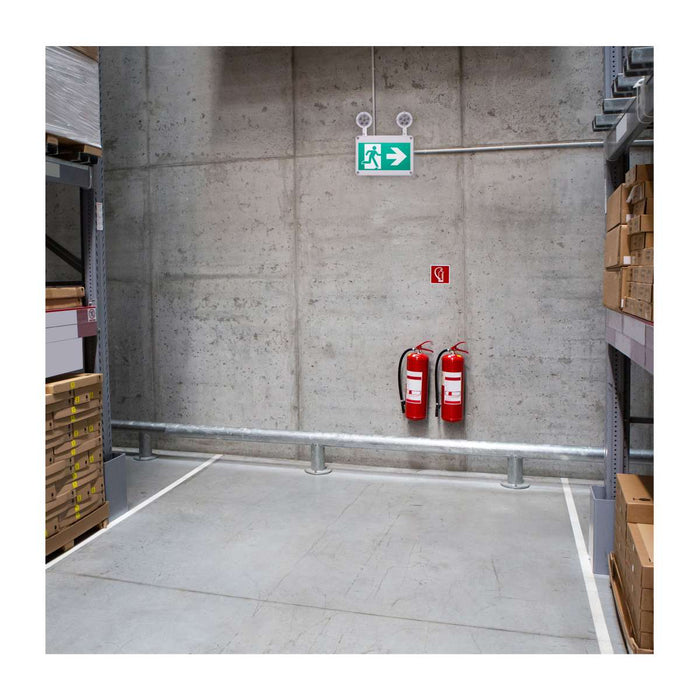 Exit Sign Satco 67-571 Running Man Green Combo Exit Sign/Emergency Light - 120/347V - 2HR backup - Single/Dual Face - Universal Mounting - Wet Location - Remote-Capable - White Finish Satco