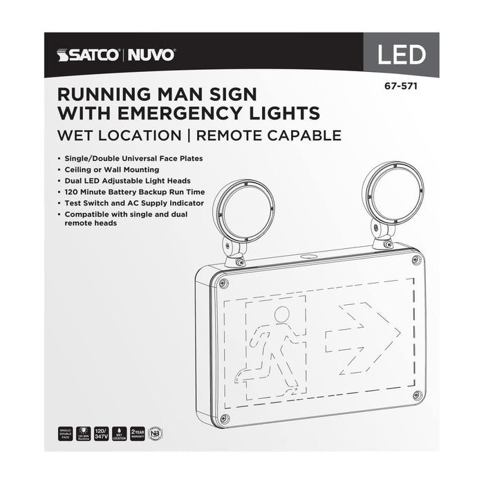 Exit Sign Satco 67-571 Running Man Green Combo Exit Sign/Emergency Light - 120/347V - 2HR backup - Single/Dual Face - Universal Mounting - Wet Location - Remote-Capable - White Finish Satco