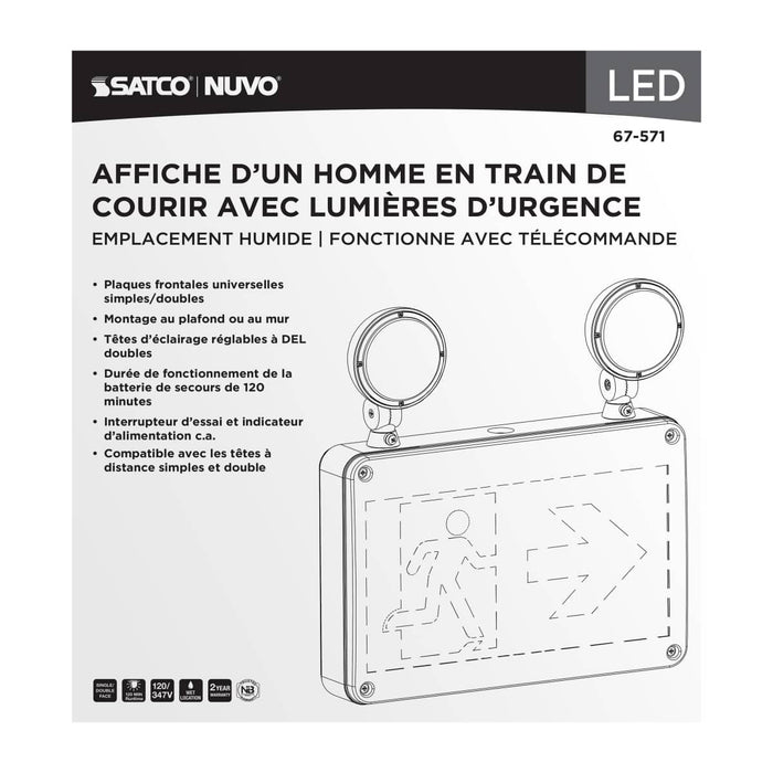 Exit Sign Satco 67-571 Running Man Green Combo Exit Sign/Emergency Light - 120/347V - 2HR backup - Single/Dual Face - Universal Mounting - Wet Location - Remote-Capable - White Finish Satco
