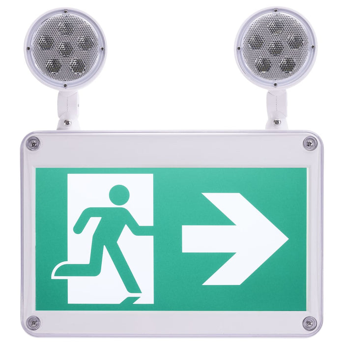 Exit Sign Satco 67-572 Running Man Green Combo Exit Sign/Emergency Light - 120/347V - 2HR backup - Single/Dual Face - Universal Mounting - Wet Location - Low Temperature - White Finish Satco