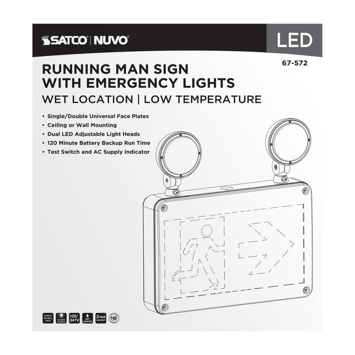 Exit Sign Satco 67-572 Running Man Green Combo Exit Sign/Emergency Light - 120/347V - 2HR backup - Single/Dual Face - Universal Mounting - Wet Location - Low Temperature - White Finish Satco