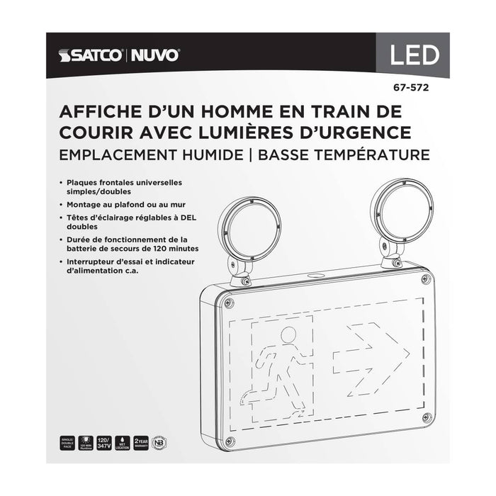 Exit Sign Satco 67-572 Running Man Green Combo Exit Sign/Emergency Light - 120/347V - 2HR backup - Single/Dual Face - Universal Mounting - Wet Location - Low Temperature - White Finish Satco
