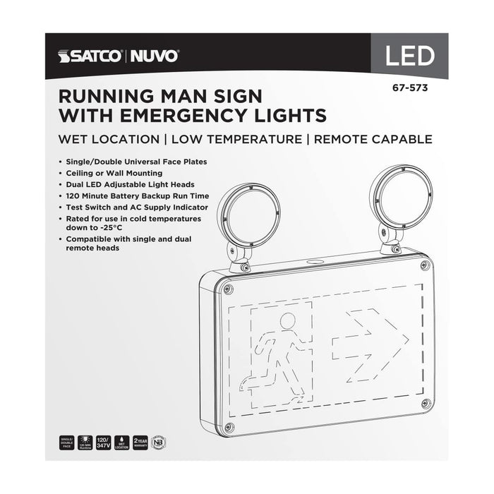 Exit Sign Satco 67-573 Running Man Green Combo Exit Sign/Emergency Light - 120/347V - 2HR backup - Single/Dual Face - Universal Mounting - Wet Location - Low Temperature - Remote-Capable - White Finish Satco