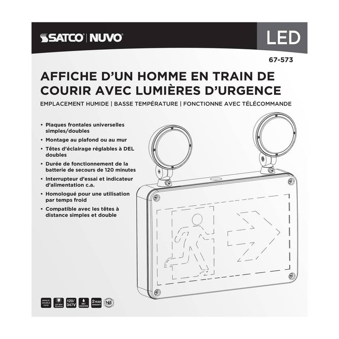 Exit Sign Satco 67-573 Running Man Green Combo Exit Sign/Emergency Light - 120/347V - 2HR backup - Single/Dual Face - Universal Mounting - Wet Location - Low Temperature - Remote-Capable - White Finish Satco