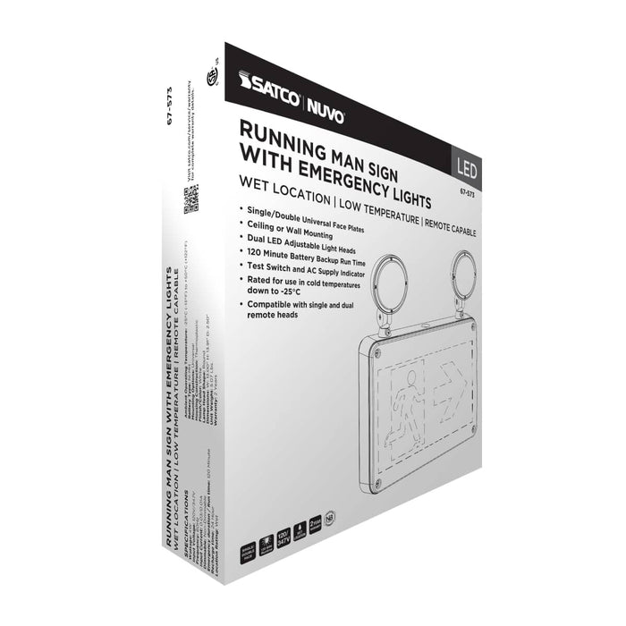 Exit Sign Satco 67-573 Running Man Green Combo Exit Sign/Emergency Light - 120/347V - 2HR backup - Single/Dual Face - Universal Mounting - Wet Location - Low Temperature - Remote-Capable - White Finish Satco