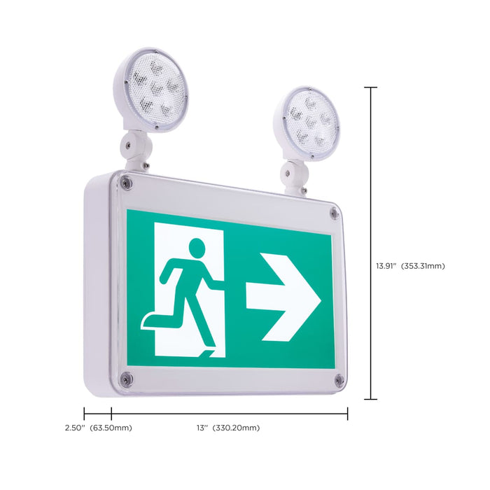 Exit Sign Satco 67-573 Running Man Green Combo Exit Sign/Emergency Light - 120/347V - 2HR backup - Single/Dual Face - Universal Mounting - Wet Location - Low Temperature - Remote-Capable - White Finish Satco