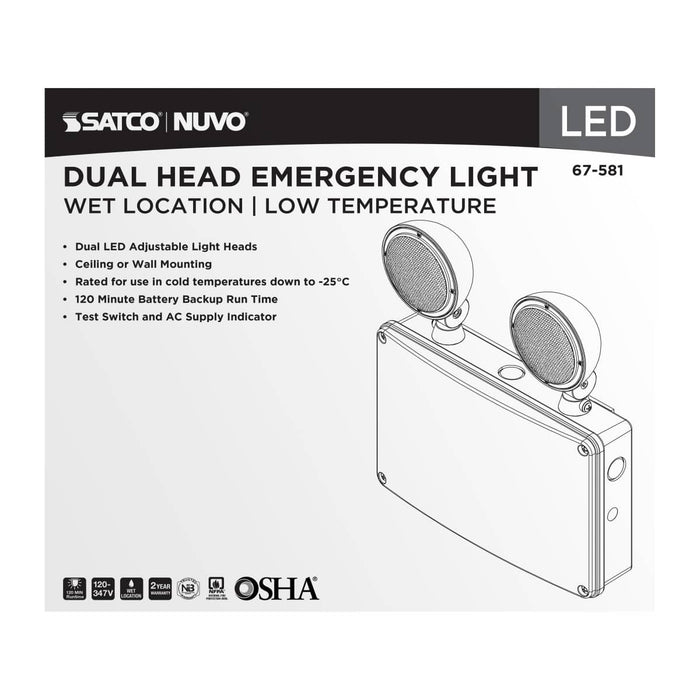 Emergency Light Satco 67-581 Emergency Light - 120-347V - 2HR Backup - Universal Mounting - Wet Location - Low Temperature - White Finish Satco