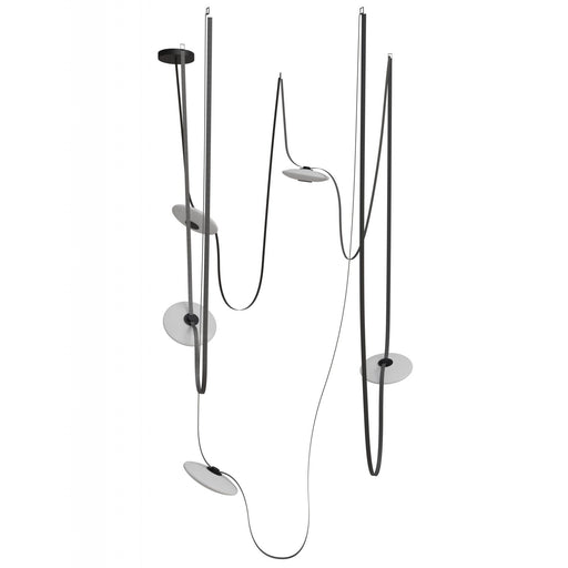 Pendant Light Avenue Lighting HF7205-G201-BLK Fremont Belt 5-Light 551"L Pendant in Black/White Glass Disc Avenue Lighting