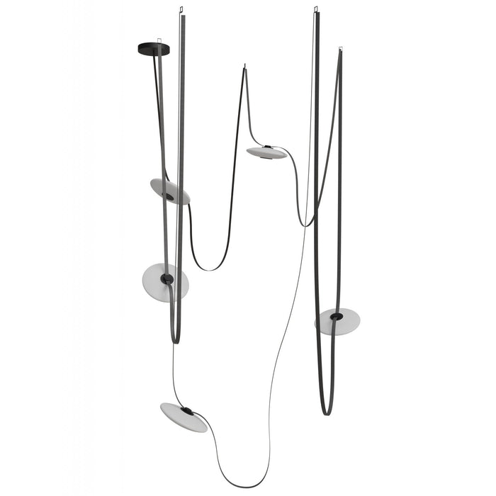 Pendant Light Avenue Lighting HF7205-G201-BLK Fremont Belt 5-Light 551"L Pendant in Black/White Glass Disc Avenue Lighting