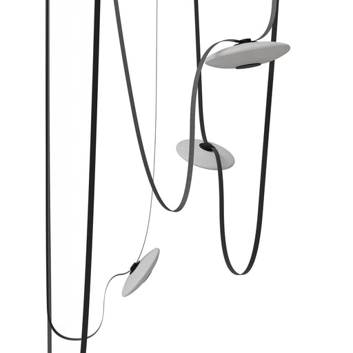 Pendant Light Avenue Lighting HF7205-G201-BLK Fremont Belt 5-Light 551"L Pendant in Black/White Glass Disc Avenue Lighting
