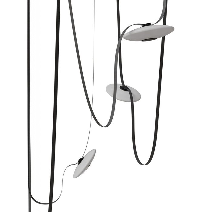 Pendant Light Avenue Lighting HF7205-G201-BLK Fremont Belt 5-Light 551"L Pendant in Black/White Glass Disc Avenue Lighting