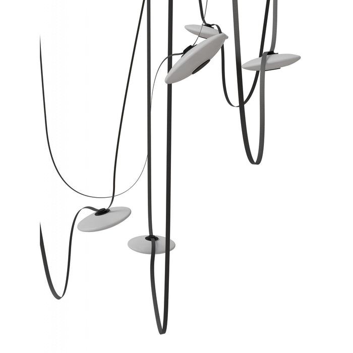 Pendant Light Avenue Lighting HF7207-G201-BLK Fremont Belt 7-Light 826"L Pendant in Black/White Glass Disc Avenue Lighting
